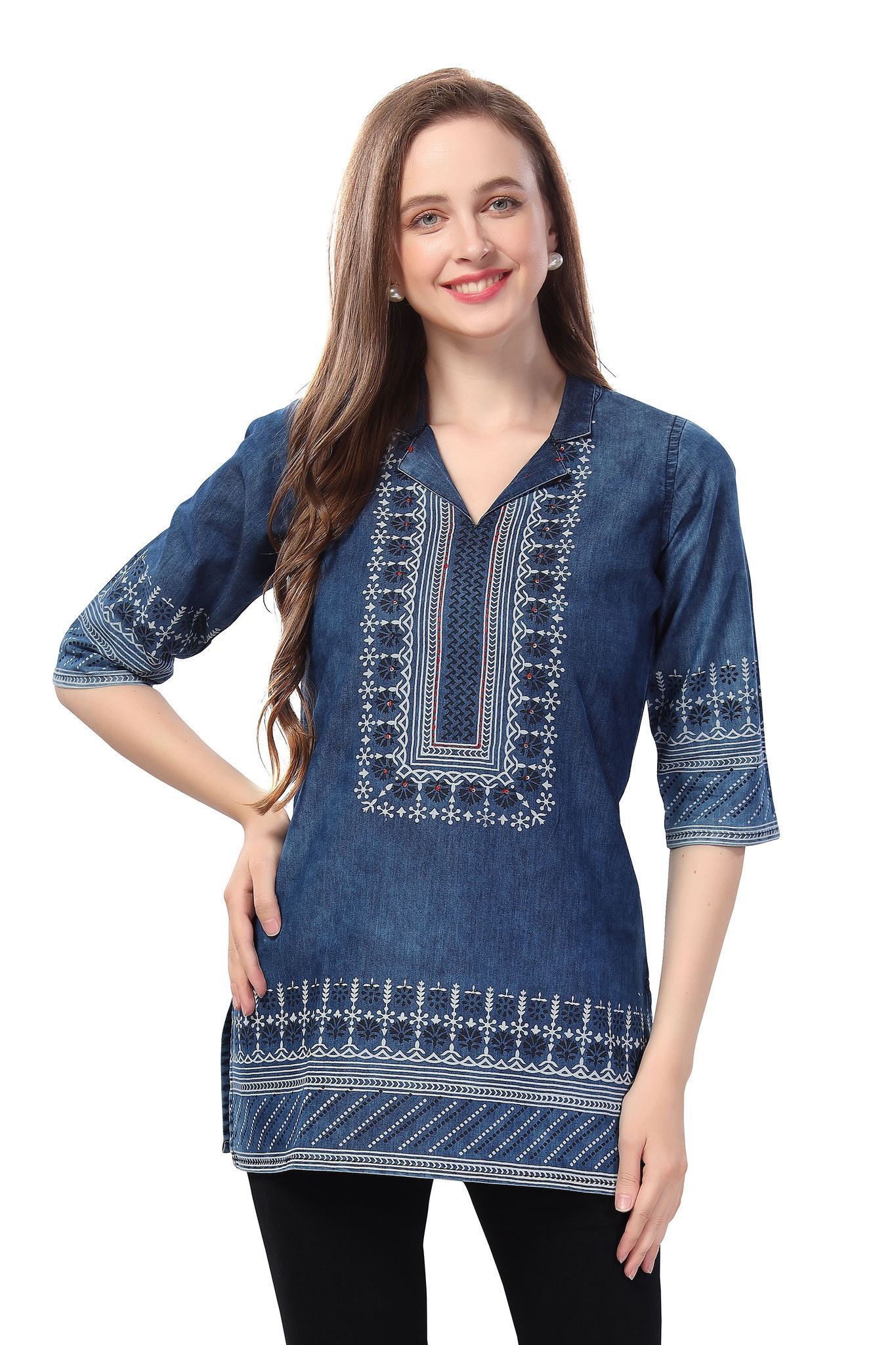 Denim Elegance Applique Embroidery And Cloud Wash On Coat Collar Tunic By Bloomkart
