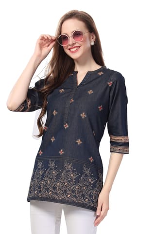 Charm In Denim Cloud Wash Print And Thread Work On Coat Collar Tunic By Bloomkart