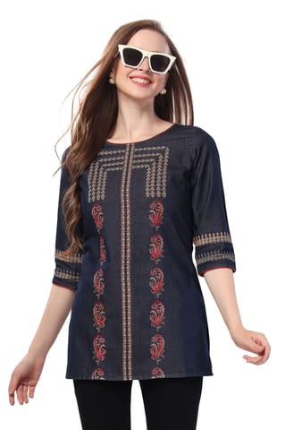 Trendy Denim Color Wash Print And Thread Work Short Tunic By Bloomkart