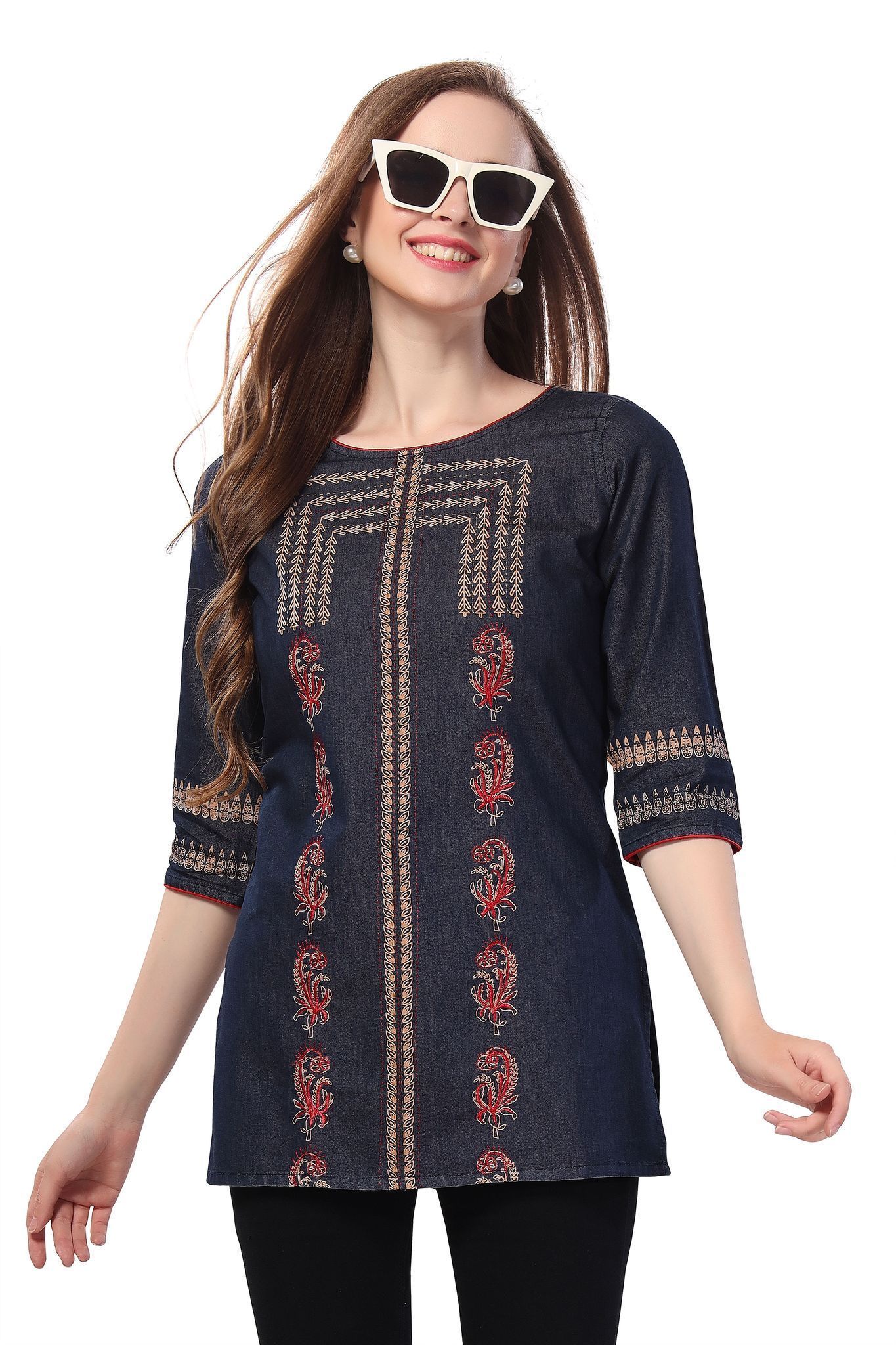 Trendy Denim Color Wash Print And Thread Work Short Tunic By Bloomkart