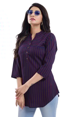 Elementary Blue And Red Striped Polyester Crepe Short Tunic Top For Women By Bloomkart