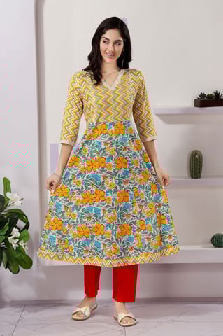 Fashionable Yellow Anarkali Kurti In Cotton With Mixed Print Patterns By Bloomkart