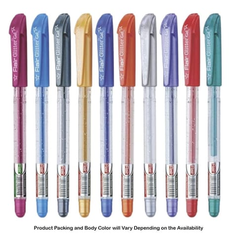 Flair Glitter Xtra Sparkle Gel Pen 10 Assorted Colours for Tattoo, Card Colouring, Heena Drawing For School, Office, Home