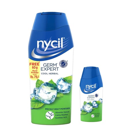 Nycil Germ Expert Cool Aloe Prickly Heat And Cooling Powder - 150 G + 60 G Free (Nycil Cool Herbal Powder) | Get Relief From Skin Problems